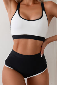 White Colorblock Crisscross Back High Waist Sporty Bikini