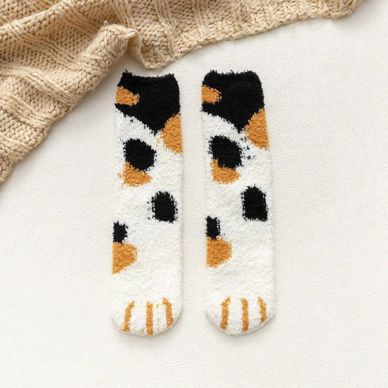 Women Winter Warm Fluffy Socks Cute Animal Claw Cat Paw Footprint Fuzzy Socks Female Thick Coral Fleece Home Floor Sleep Socks