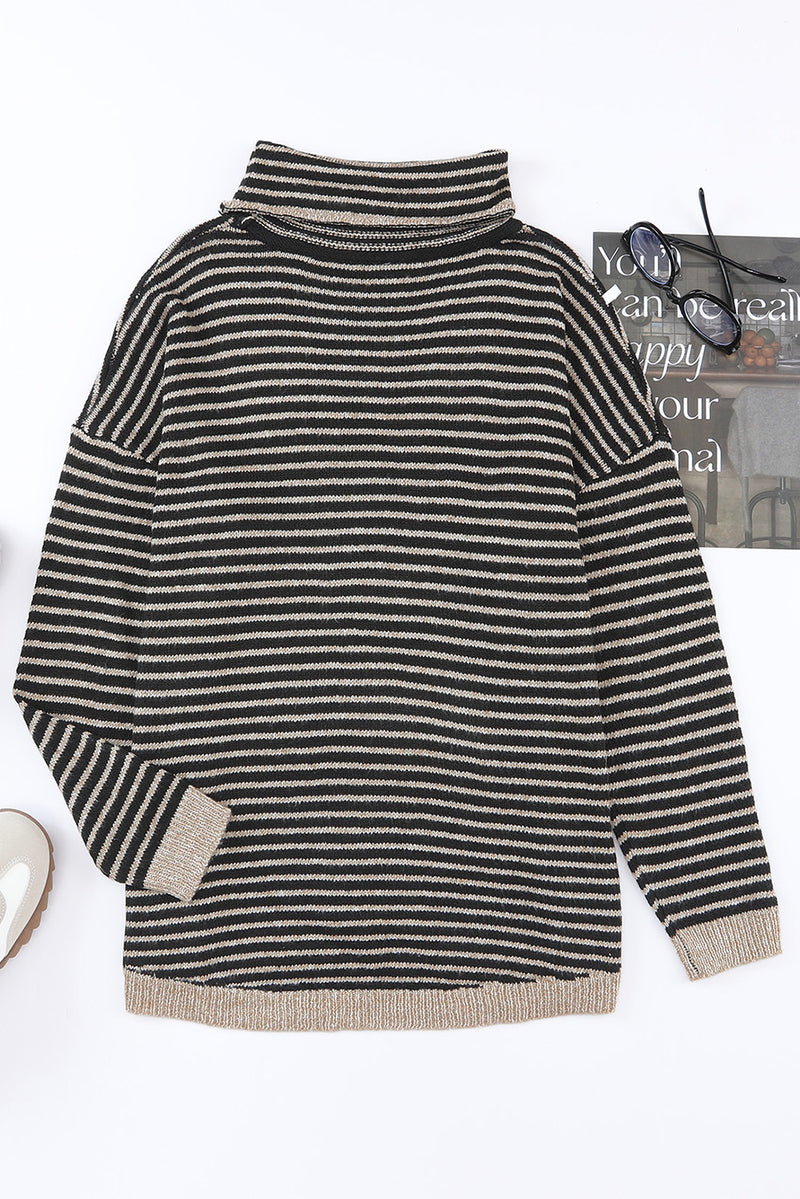 Khaki Striped Turtleneck Loose Sweater