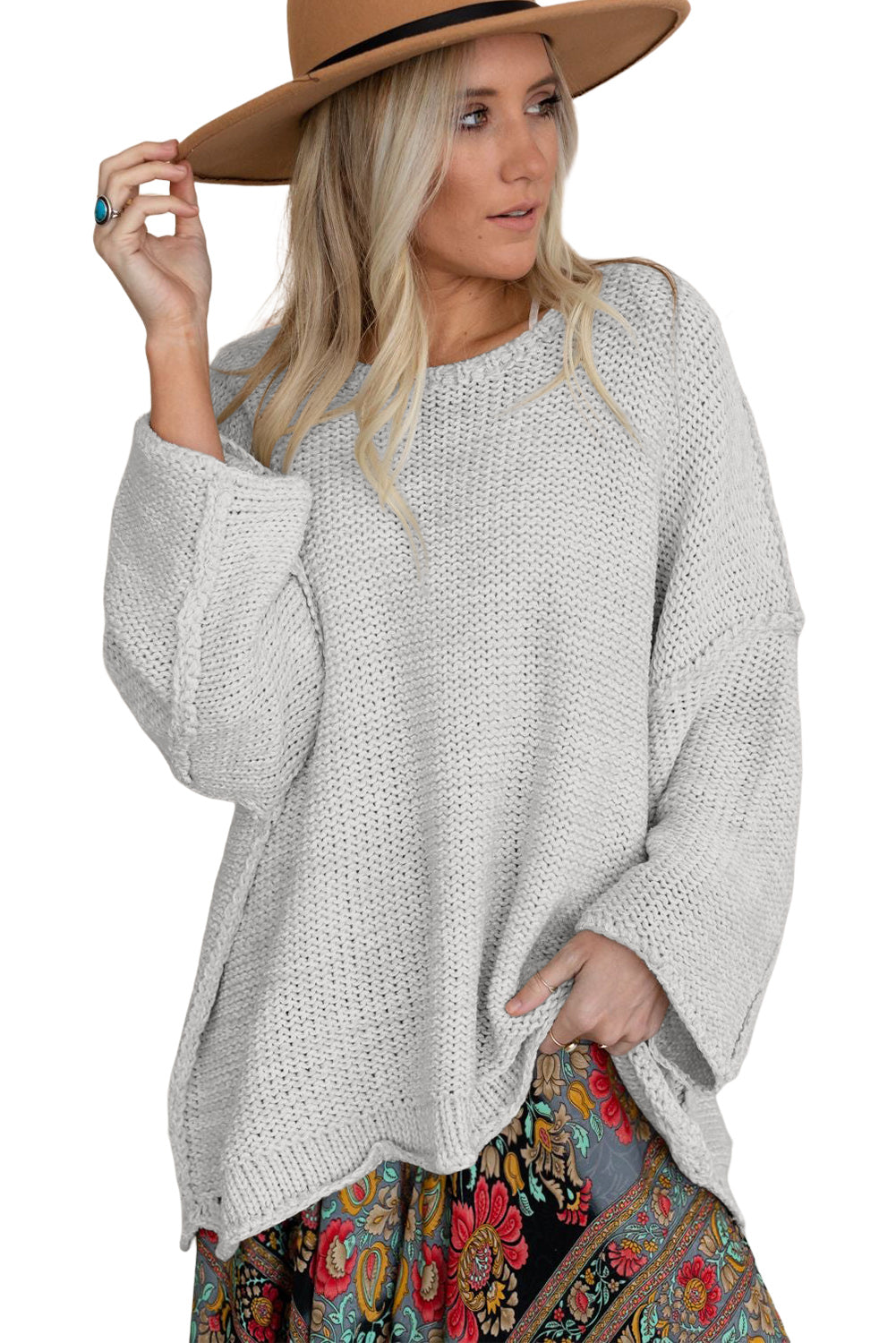 Beige Slouchy Textured Knit Loose Sweater