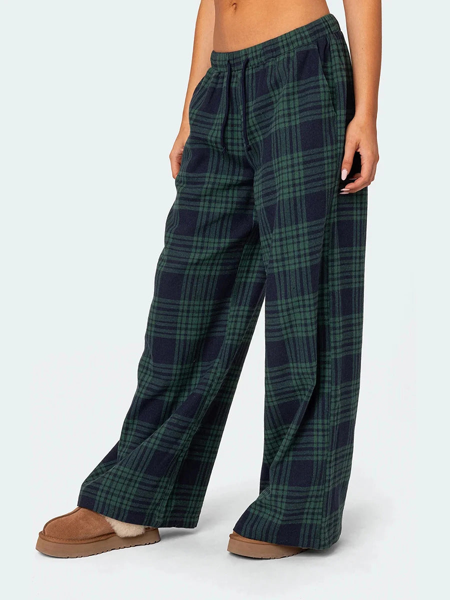 Women Y2k Oversize Pants Lounge Bottoms Fashion Plaid Casual Pants Elastic High Waist Casual Pockets Pajama Pants Homewear