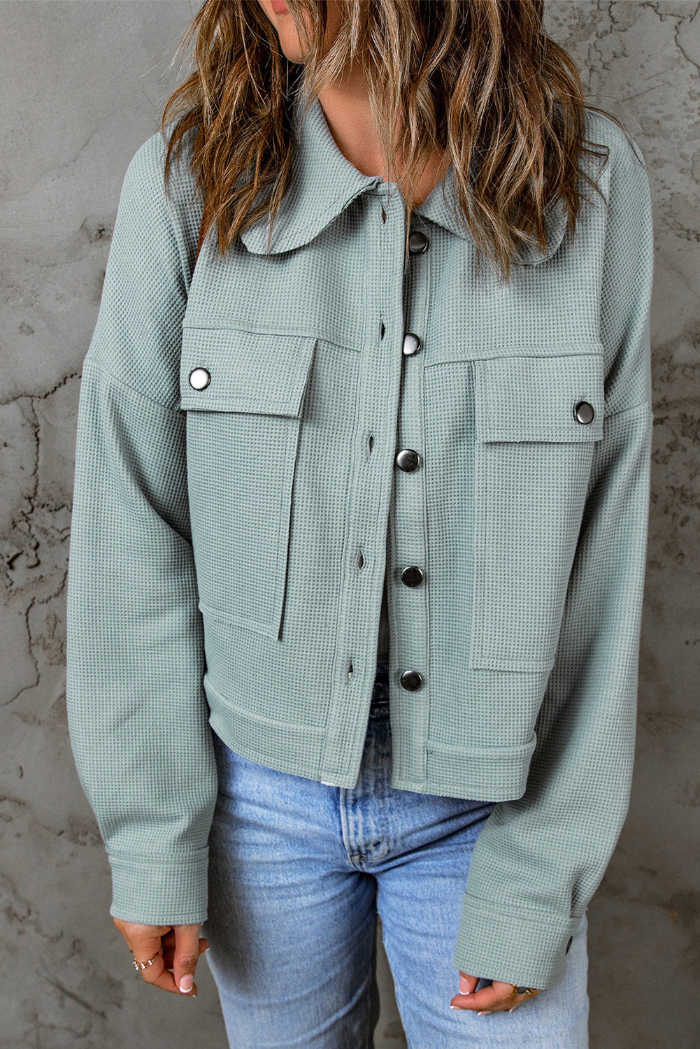 Khaki Waffle Knit Buttons Cropped Jacket with Pockets