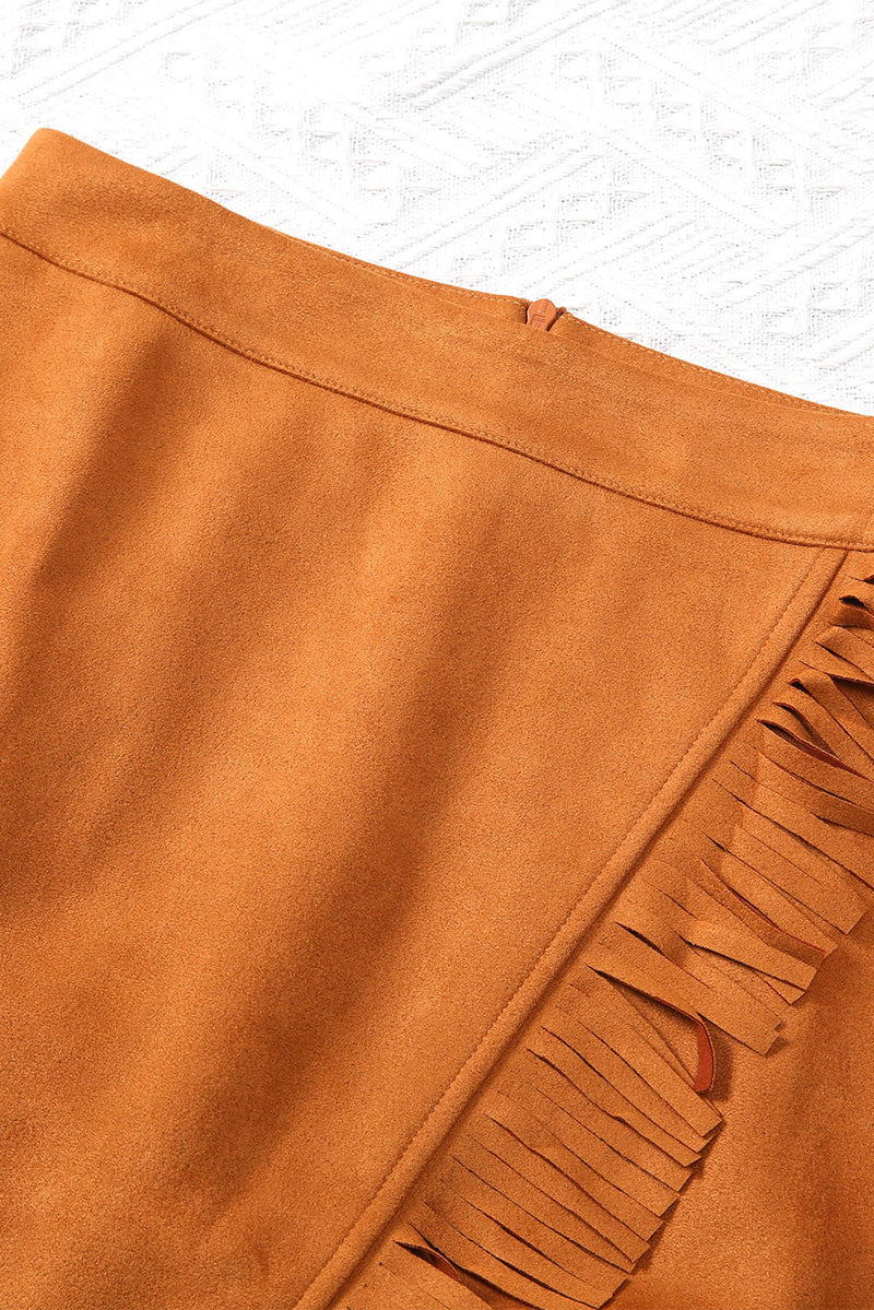 Brown Fringed Wrap Western Midi Skirt