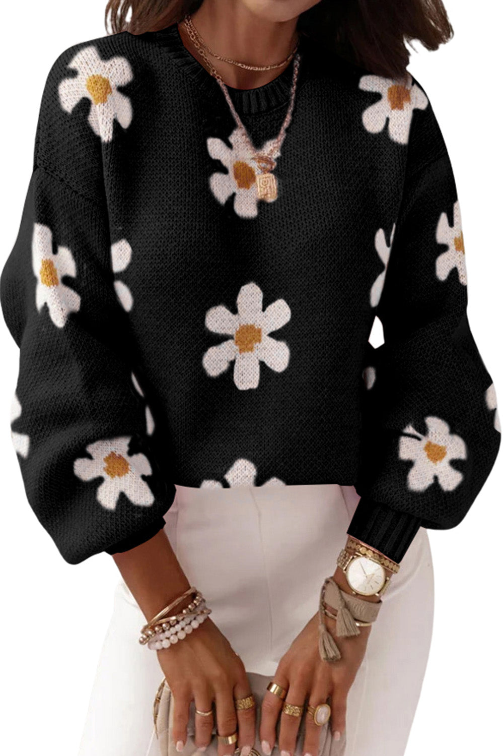 Pale Khaki Pink Floral Pattern Drop Shoulder Sweater