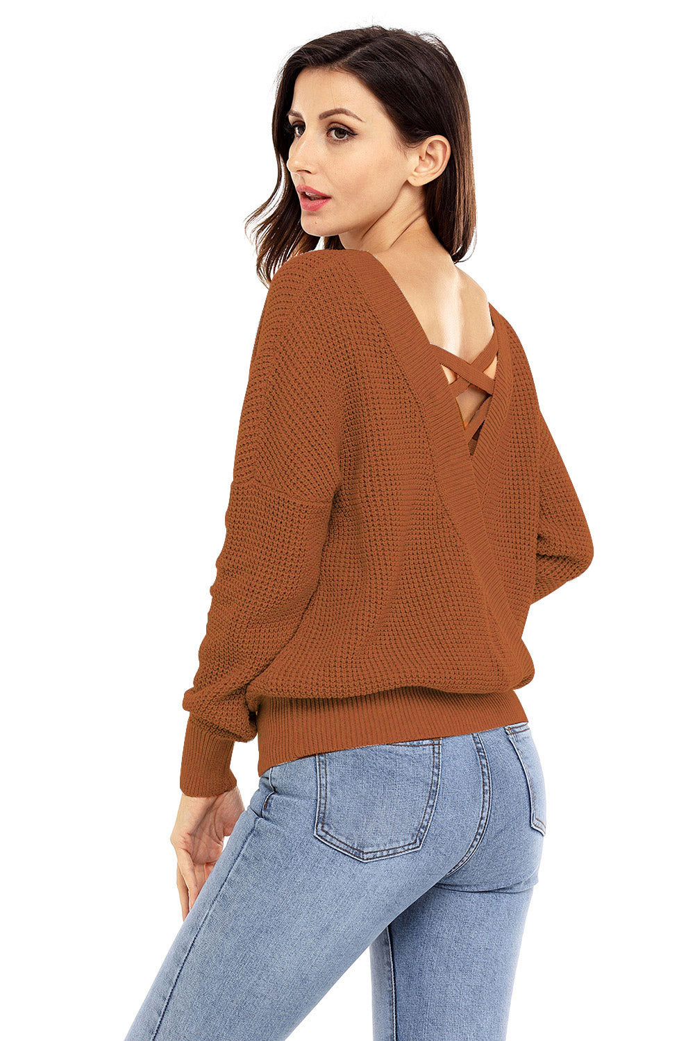 Brown Cross Back Hollow-out Sweater