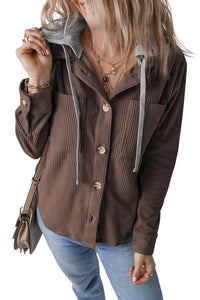 Coffee Hooded Drawstring Pockets Corduroy Shacket