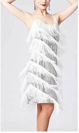 Women Sexy Tassel  Latin Dress Tiered Fringe Flapper Dress Evening Nightclub Dancing Fancy Costumes C-Neck Sequin Dress