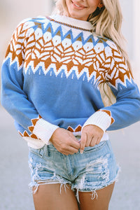 Blue Geometric Print Ribbed Trim Sweater