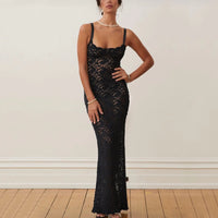 Elegant Lace See Through Maxi Dress Women Summer Sexy Spaghetti Straps Bodycon Wedding Party Dresses 2023 Black Split Long Dress