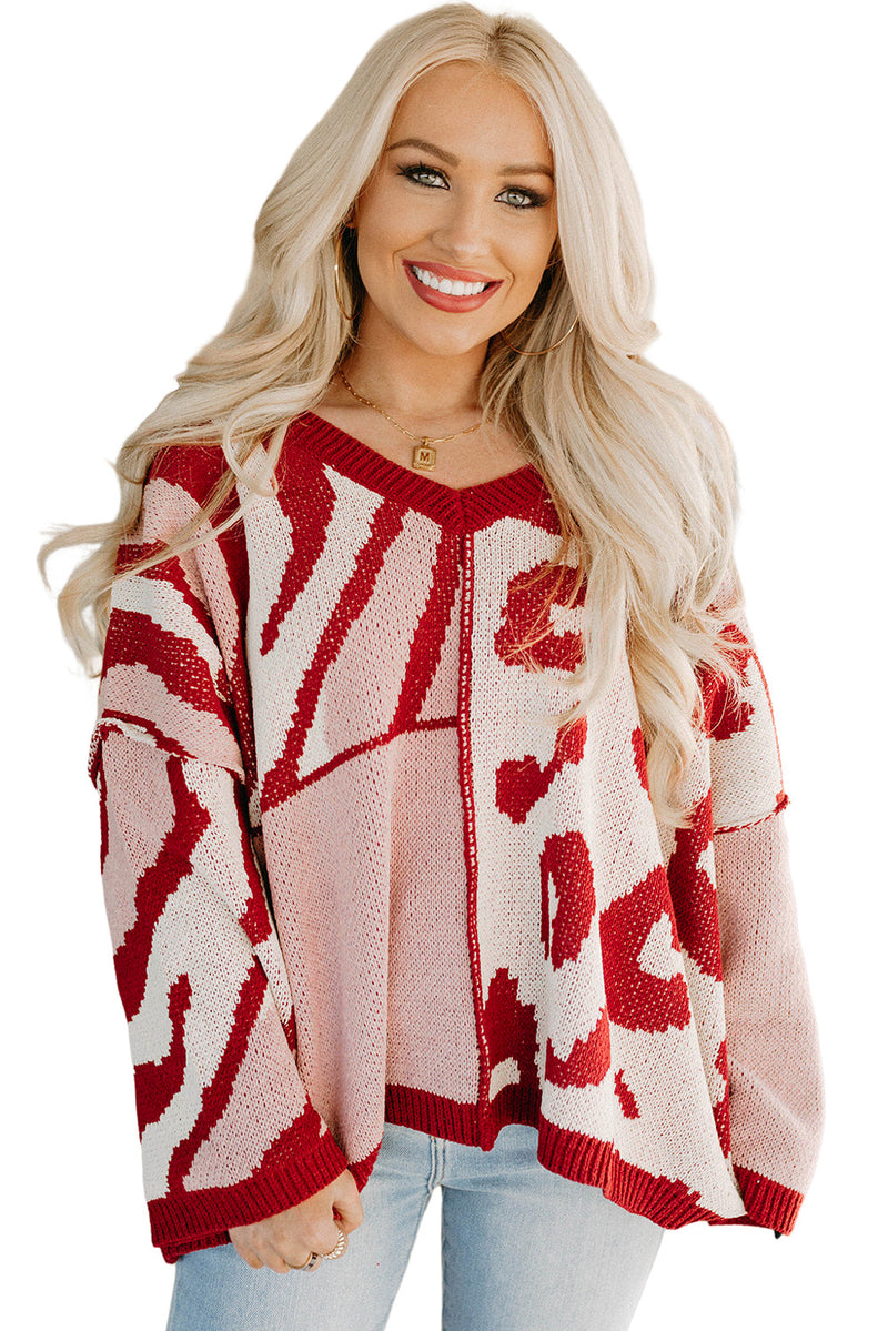 Red Mix Pattern Knit Ribbed Trim Oversize Sweater