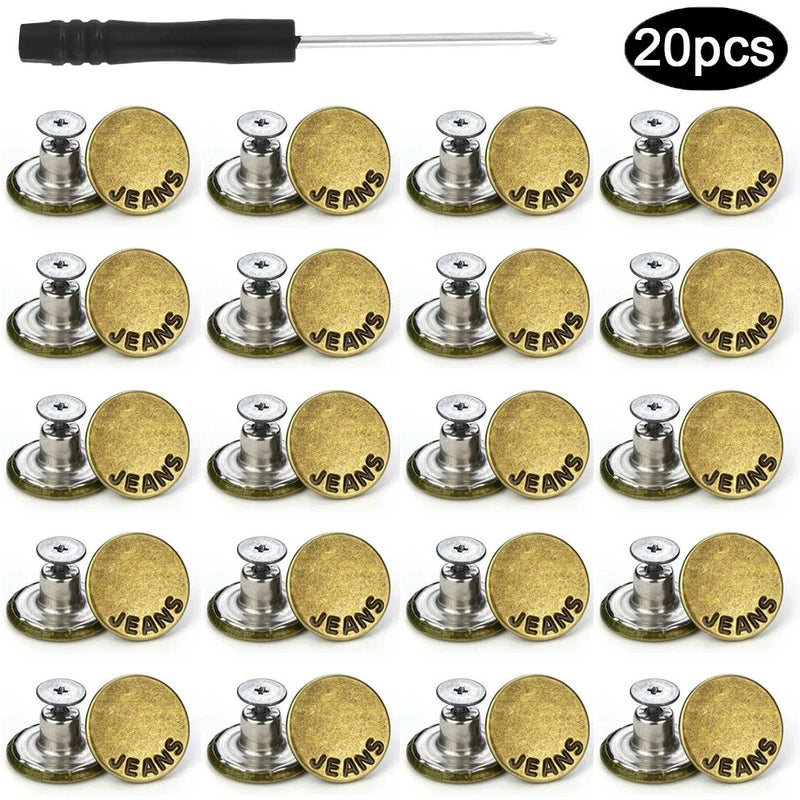 20/10pcs Detachable Jeans Screw Buttons with Screwdriver Clothes Replacement No Sewing Metal Pins Adjustable Waist Kit Tools