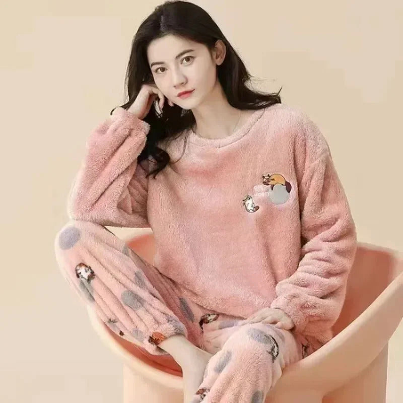 Thickened Warm Flannel Women‘s Sleepwear Coral Velvet Pajamas Winter Cute Cartoon Bear Padded Two Sets Girl Nightwear Loungewear