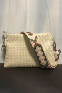 Beige Argyle Pattern Strap Woven Textured Shoulder Bag