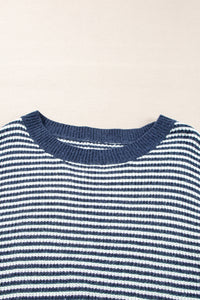 Sail Blue Striped Lantern Sleeve Drop Shoulder Cozy Sweater