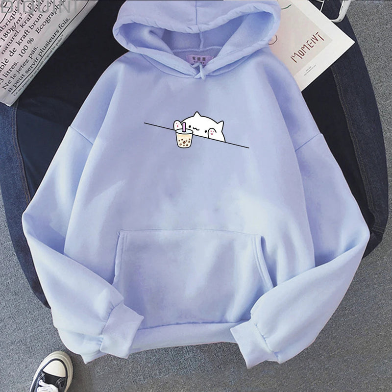 Bubble Tea Graphic Printed Casual Pullover Cartoon Female Hooded Clothes Plus Size Hoodie Kawaii Cat And Boba Women Sweatshirts