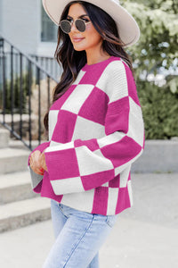 Bright Pink Checkered Round Neck Baggy Sweater