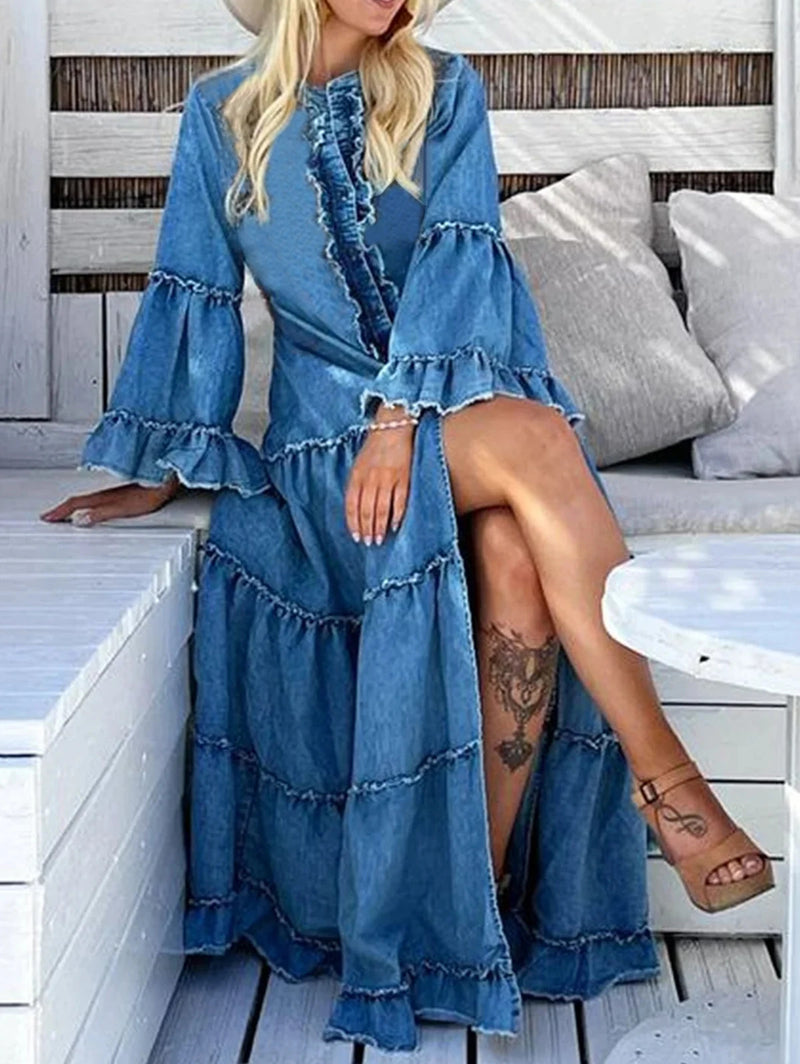 Women Demin Maxi Dress O Neck Irregular Fashion Long Dress Elegant Party Casual Long Sleeve Solid Slit Ruffled Vestidos