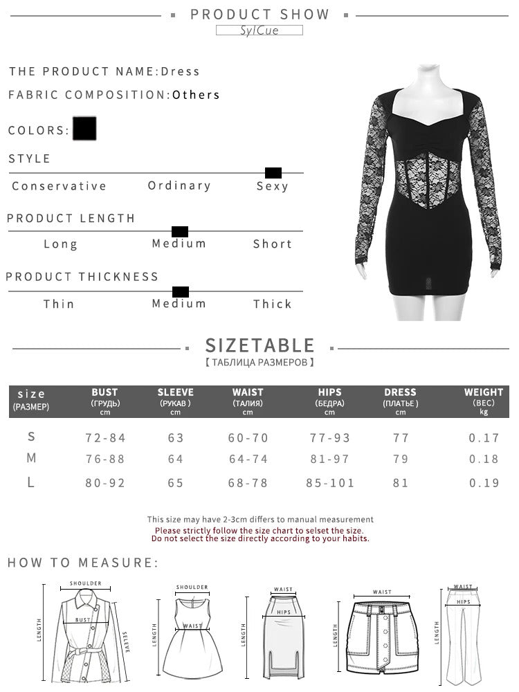 Nibber Black Mysterious Sexy Lace Stitching Mature Fishbone Beautiful Sweet Gentle Women'S Winter Long Sleeve Hip Short Dress