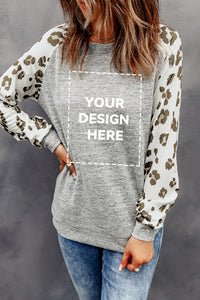 Blank Apparel - Gray Round Neck Leopard Long Sleeve Top