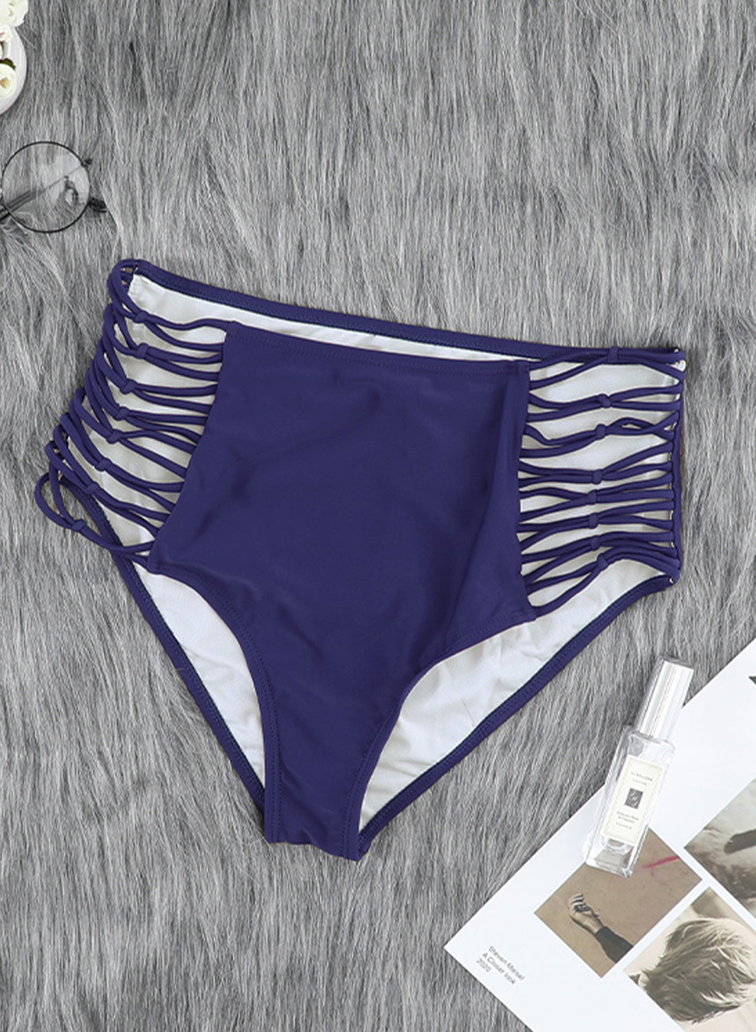 Blue Hollow-out Sides High Waist Swim Bottoms