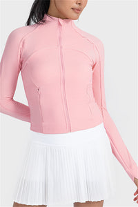 Pink Ribbed Stitching Thumbhole Sleeve Zip Up Active Top