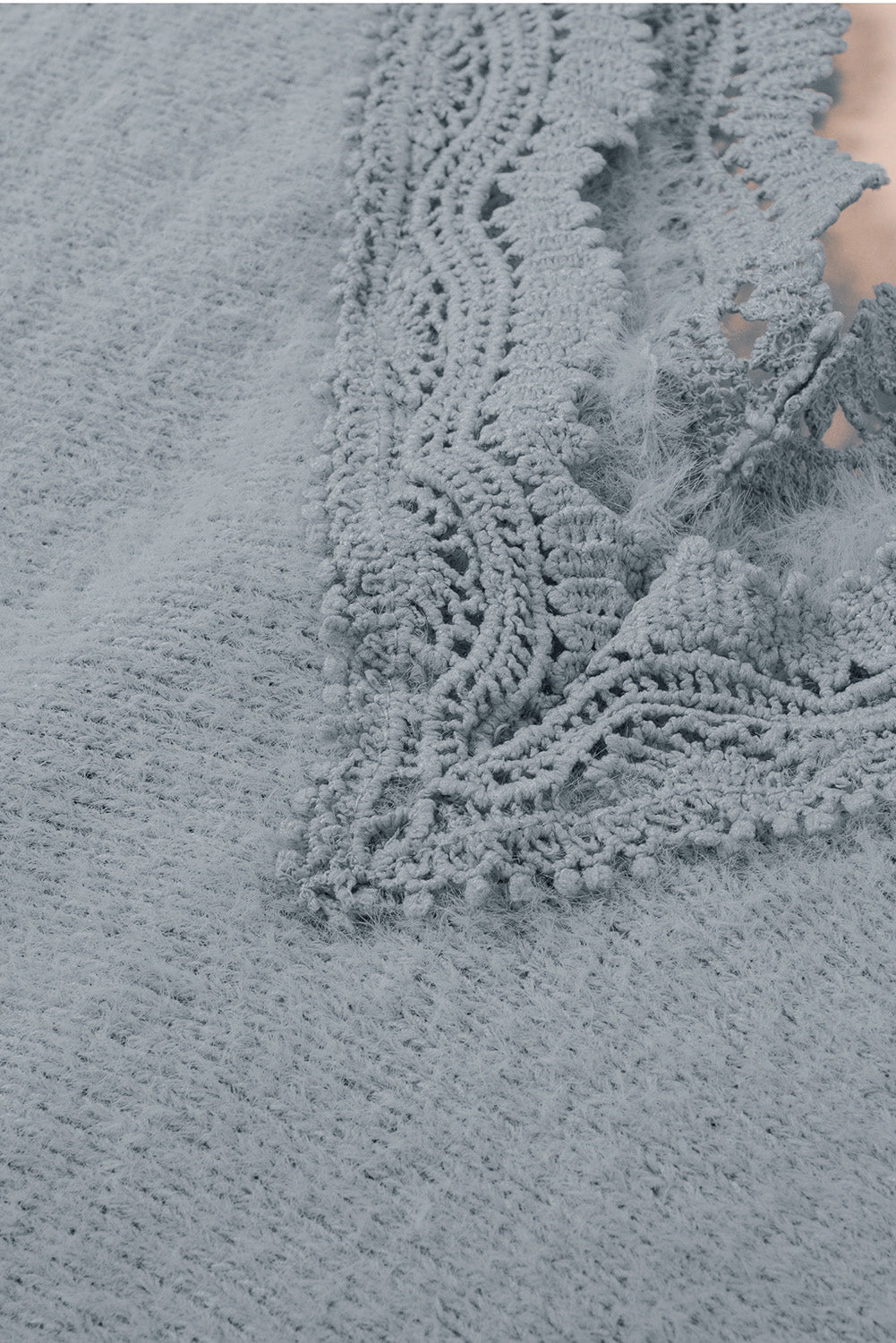 Gray Lace Splicing V Neck Pullover Sweater