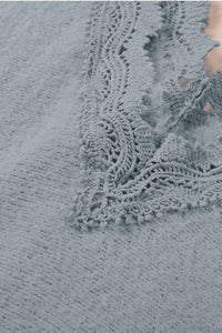 Gray Lace Splicing V Neck Pullover Sweater