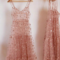 Women Spaghetti Straps Tulle See Through Long Dresses Cover Sexy See Through Baggy Ladies Stars Beach Bling Bling Long Dress