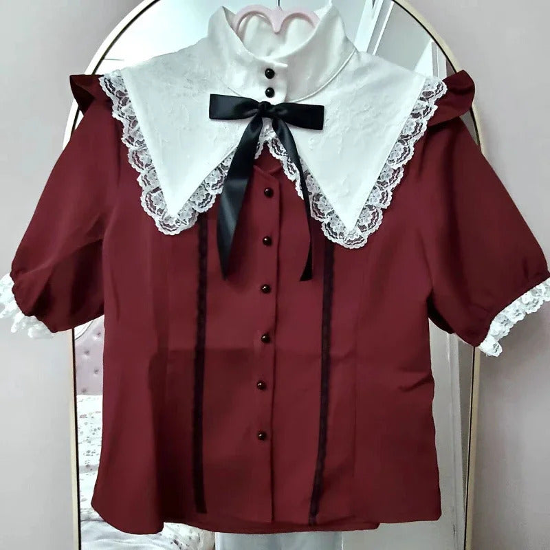 Gothic Lolita Blouses Women Sweet Bow Off Shoulder JK Shirt Japanese Girls Elegant Love Heart Lace Ruffles Blusas Mujer Tops