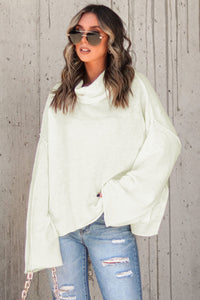 White Expose Seam Turtle Neck Side Slit Oversized Sweater