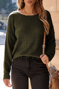 Duffel Green Textured Knit Round Neck Dolman Sleeve Sweater