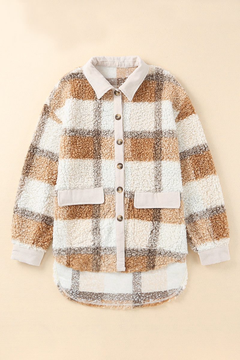 Brown Plaid Pocketed Teddy Jacket