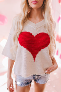 Beige V-neck Dropped Sleeve Heart Print Slouchy Shift Sweaters