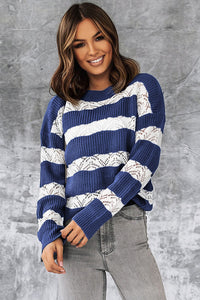 White Striped Colorblock Knit Sweater