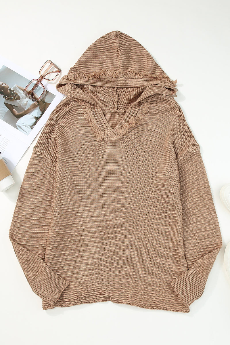 Khaki V Neck Ribbed Drop Shoulder Hooded Sweater