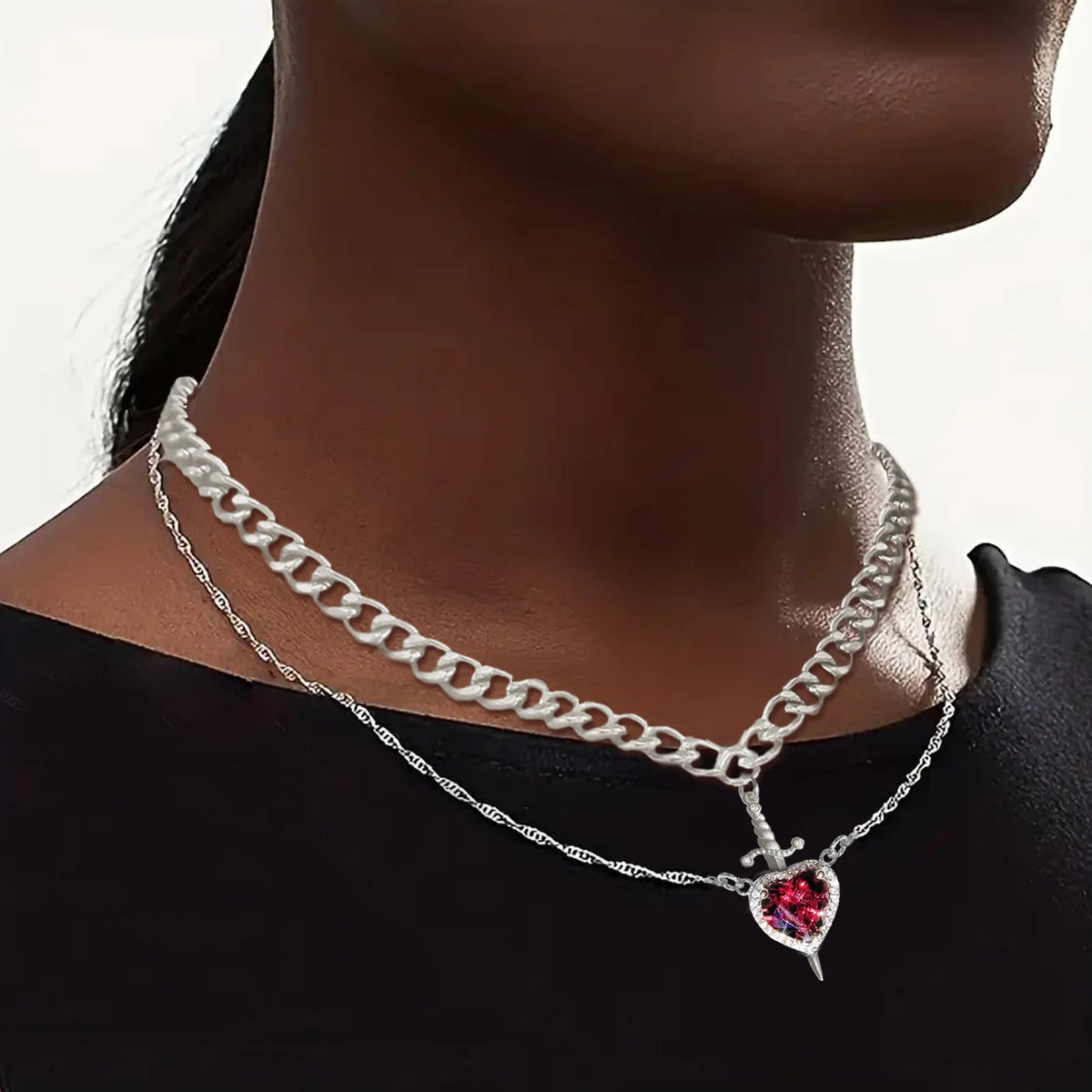 LATS 2pcs Can Be Assembled Heart and Sword Zircon Pendant Necklace for Women Men Couple Silver Gold Plated Choker Chain Jewelry