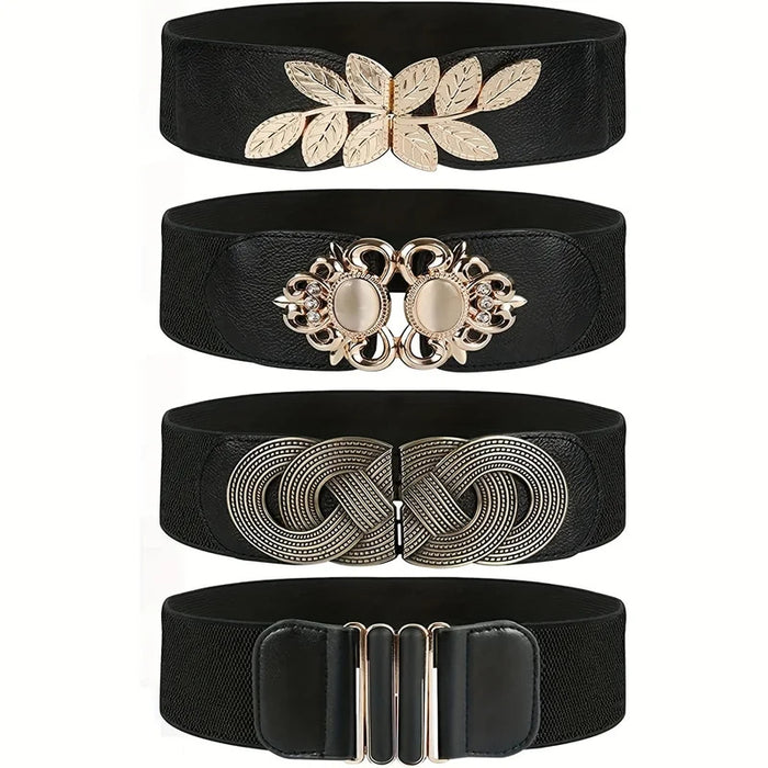 Elegant Vintage Metal Buckle Elastic Belt for Women - Wide Waistband for Dress Coats and Girdles