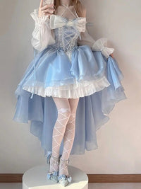 French Romantic Style Lolita Op Elegant Girl Cosplay Princess Puff Sleeve Ribbon Bowknot Flower Tunic Mesh Fantastic Fairy Dress