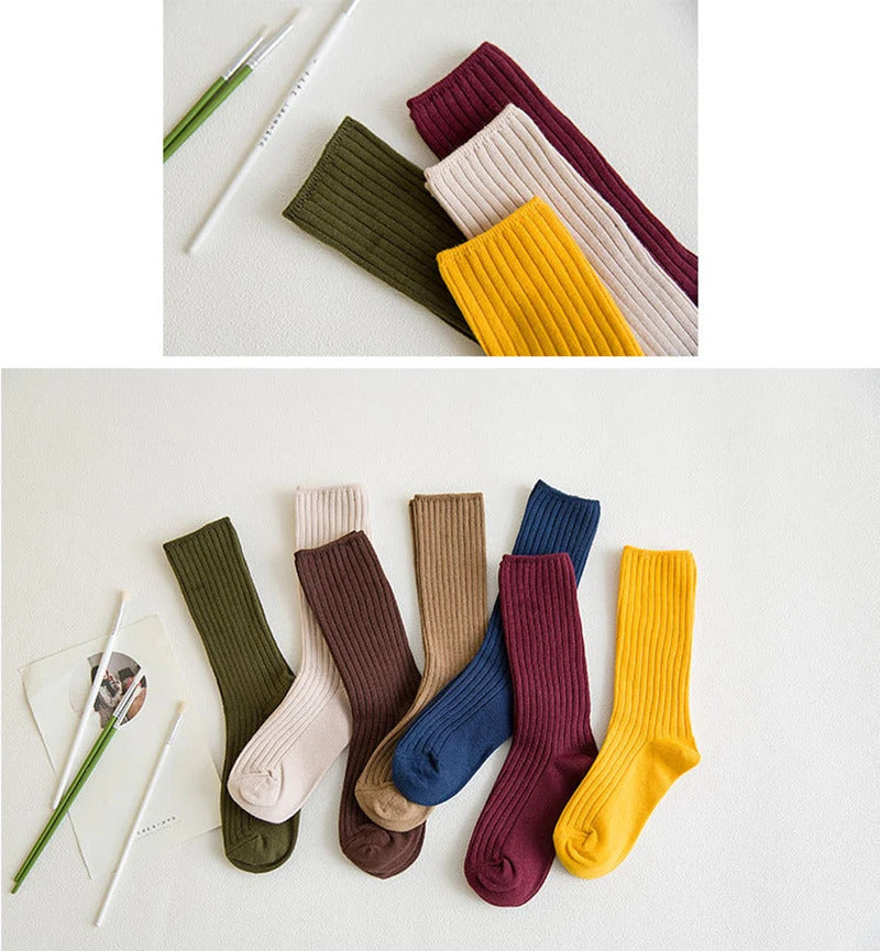 1 Pair Retro Women Cotton Loose Socks Autumn Winter Knitting Solid Color Long Black Pink Korean Japanese Student Girls Stockings