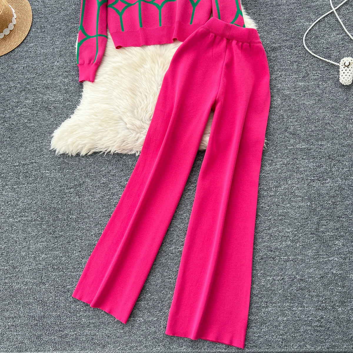 SINGREINY Basics Print Knit Two Pieces Sets Autumn Winter Single Breasted Cardigan+Wide Leg Long Pants Fashion Streetwear Suits