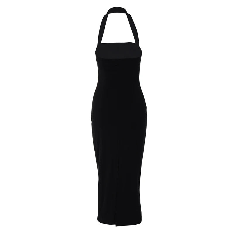 Hugcitar 2024 Elegant Halter Black Backless Sexy Bodycon Maxi Prom Dress Summer Women Y2K Clothes Wedding Birthday Party