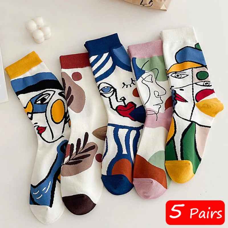 5 Pairs/Set Funny Socks Women Cute Middle Tube Cotton Socks Aesthetic Fun Socks Kawaii Cartoon Spring Summer Crew Socks