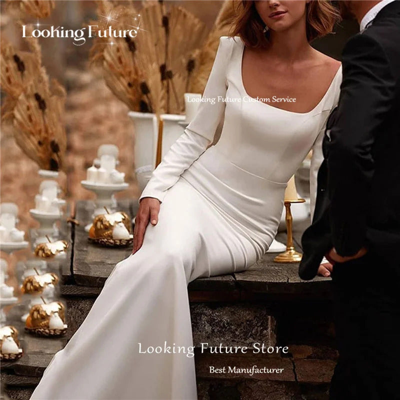 Customized Simple Sexy Mermaid White Wedding Dress Satin Backless Zipper Pleat Long Sleeve Bridal Gown Square Collar Court Train