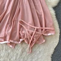 Strap Bow Hot Women Nightwear Mesh Sexy Night Dress Thin Tansparent Lace Pajamas Dress+Thong 2024 Lady Romantic Backless Nightie