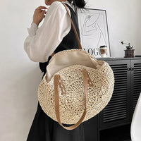 Summer Round Straw Women Vacation Woven Beach Shoulder Bag Large Capacity Hollow Out Simple Tote Bag