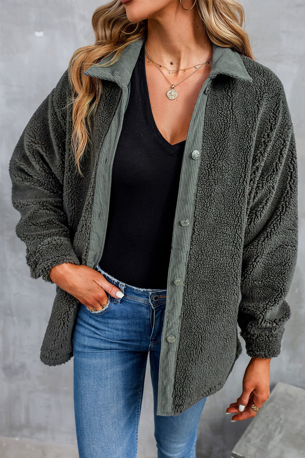 Gray Corduroy Trim Elbow Patch Sherpa Jacket