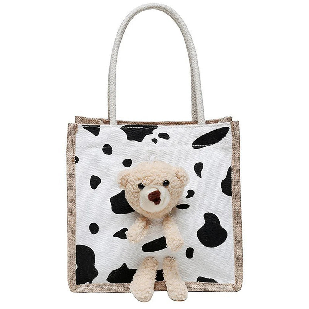 Cute Bear Tote Bag Canvas Girls Bag Student Coin Purse Gift Bag Simple Fashion Canvas Bag Canvas Bag Hand Shopping Tote Bag-ll