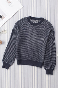 Blue Heathered Knit Drop Shoulder Puff Sleeve Sweater