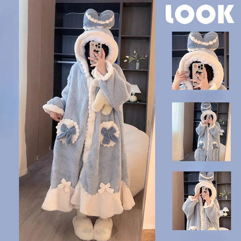 Women Cute Robe Plush Thick Sleepwear Thickened Warm Flannel Cartoon Sleeping Bag Animal One-Piece Pajamas Men Women Homewear