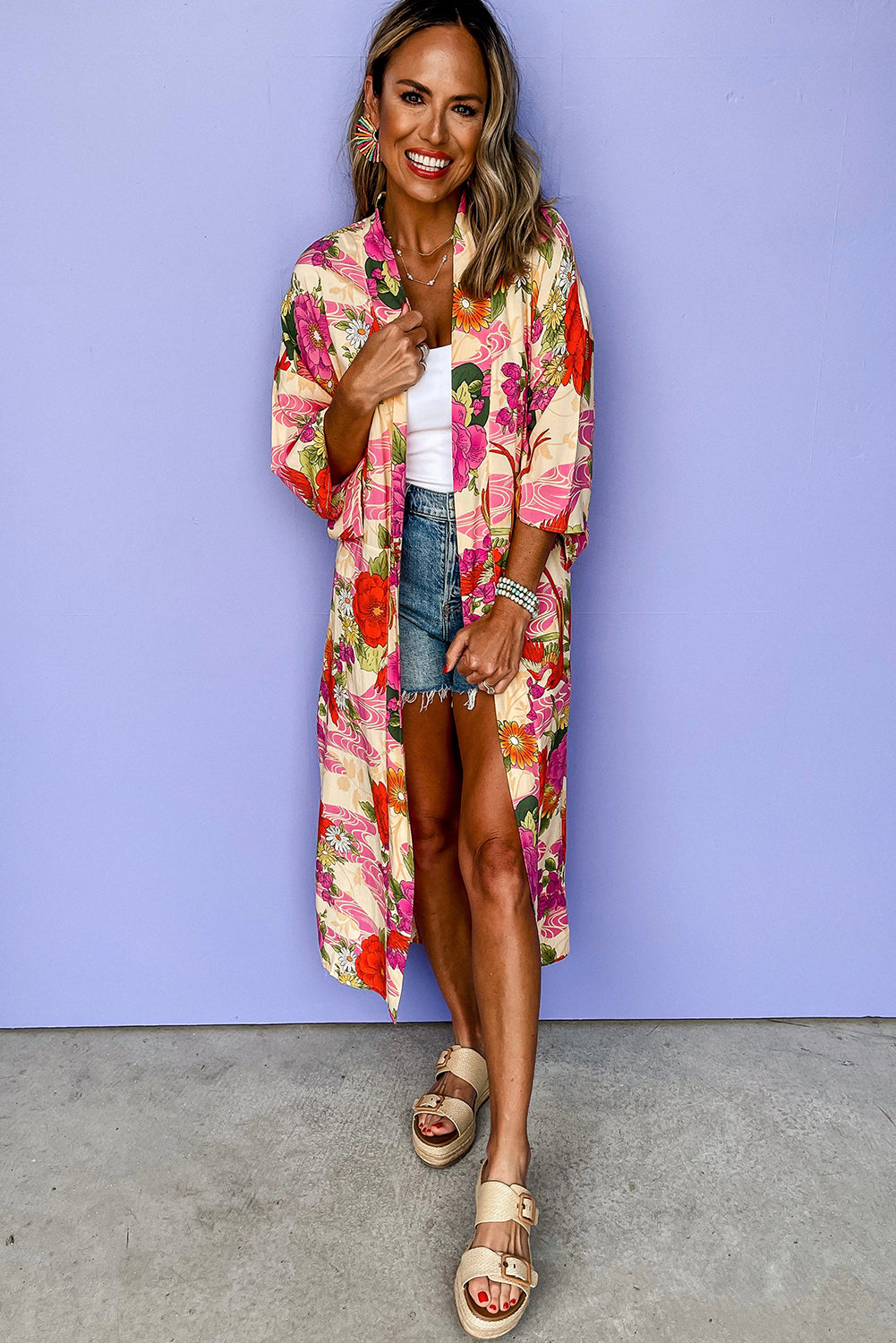 Pink Floral Allover Print Open Front Belted Duster Kimono